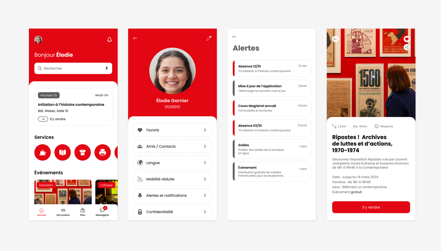 Maquettes de l’accueil, du profil, des notifications et des événements