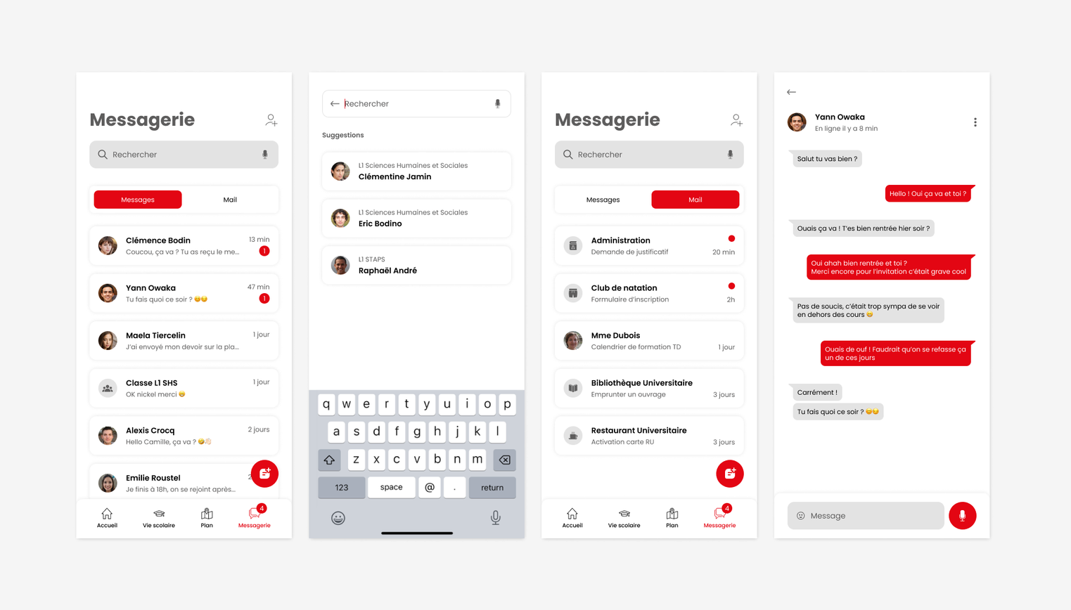 Maquettes des messages instantanés et des emails universitaires