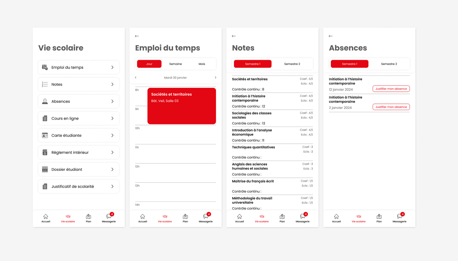 Maquettes de la vie scolaire, de l’emploi du temps, des notes et des absences
