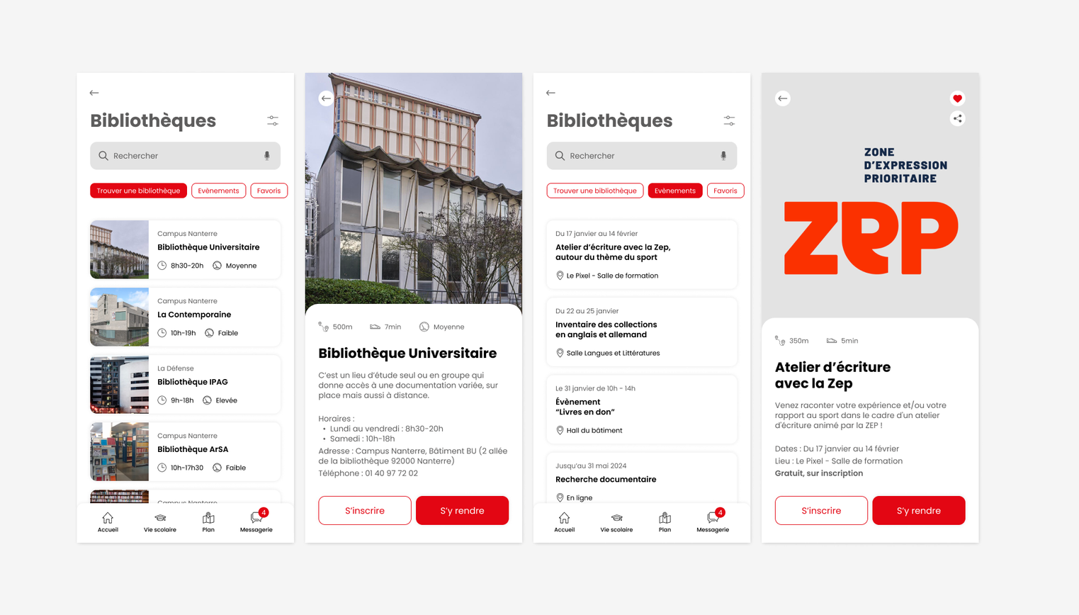 Maquettes de recherche de bibliothèques et de réservation d’ateliers