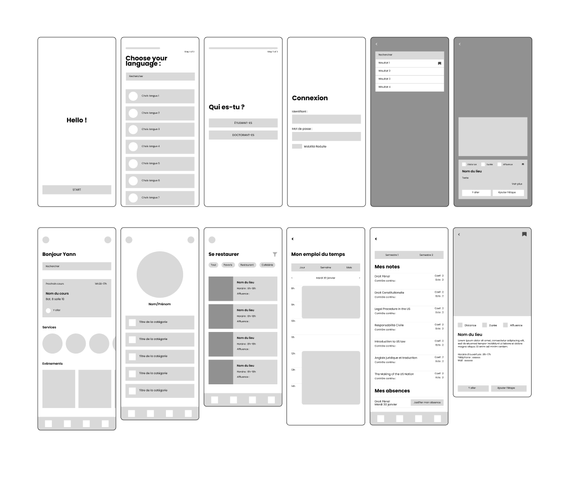 Wireframes basse fidélité de l’application universitaire